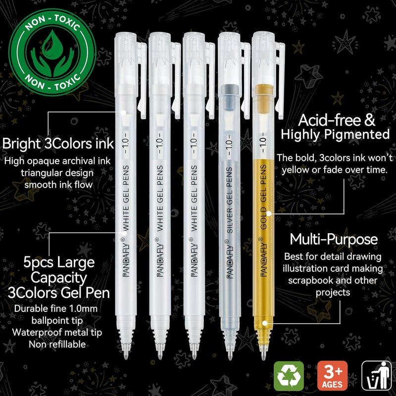 PANDAFLY Gold Silver White Gel Pens, 1mm Extra Fine Point White Pen for Art Highlight & Artists Drawing, Opaque Archival Ink Pens for Black Paper Drawing, Sketching, Illustration, Card Making, 5 Pack - Image 3